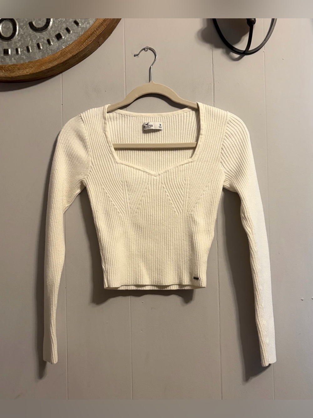 Hollister White Ribbed Square Neck Long Sleeve Sweater Cropped